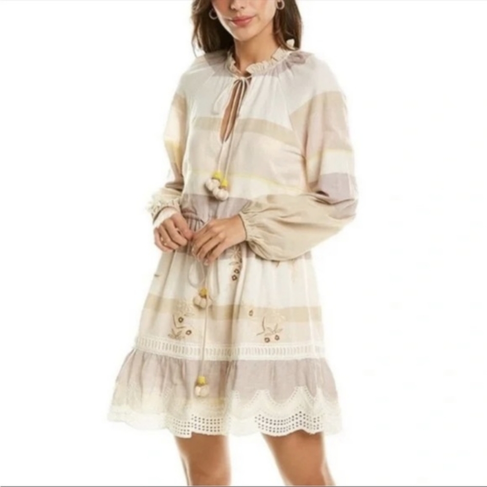 NWT Hemant & Nandita Mana Tasseled Striped Boho Embroidered Dress Ivory Beige XS